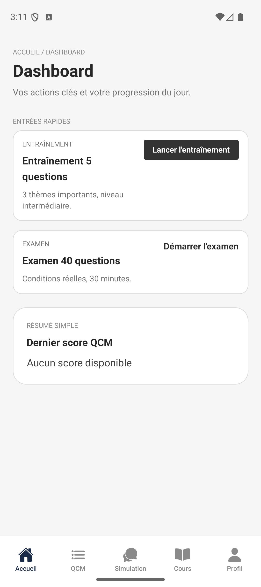 Dashboard Android de Civis Pass avec entrées rapides vers l'entraînement et l'examen